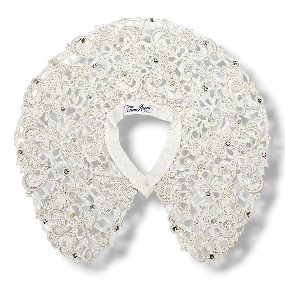 Teena Brown Lace Collar Detachable Vintage MCM Bead Embellished Victorian Style